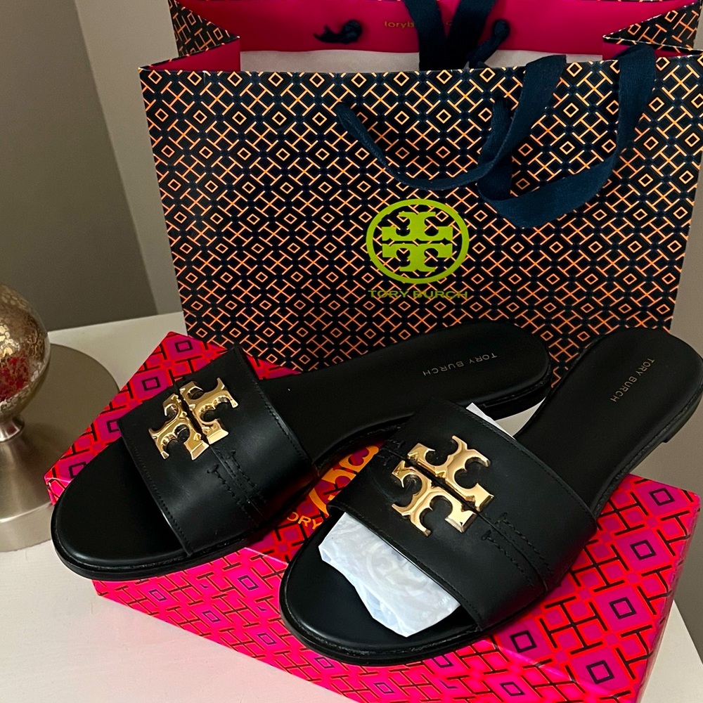 NIB🔥Tory Burch🔥Calf leather Black with Gold logo Slide Sandals size 10